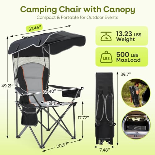 Camping Chair with Canopy Shade - Folding Outdoor Beach Chair, Black, 1 Pack
