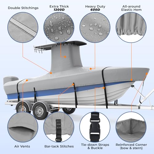 RVMasking Gray T-Top Boat Cover 20-22 ft, 1200D Reinforced Waterproof Marine