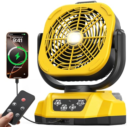 Poxsmuly Yellow Portable Dewalt 20V Max Battery Fan with USB & LED Light - 4 Speeds