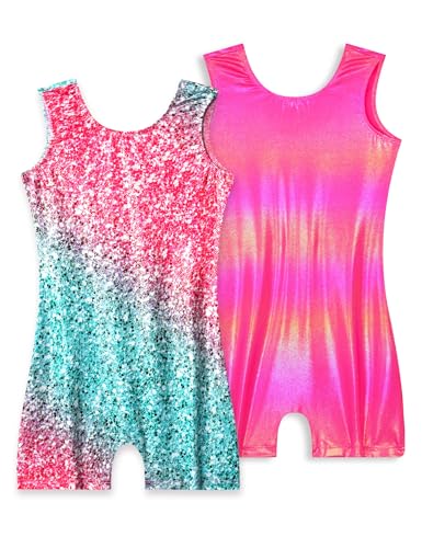 Girls Gymnastics Sparkly Leotard Unitard 9-10 Years Rose Green Pink 2 Pack