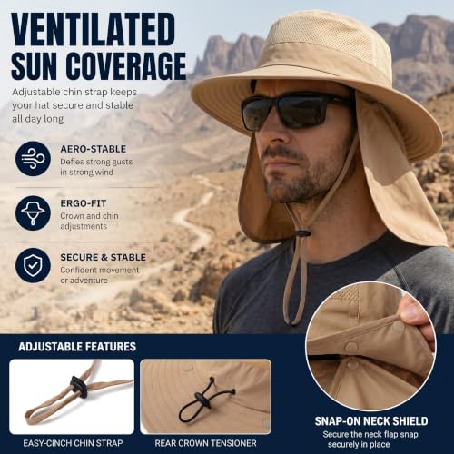 Men's Sun Hat Fishing Boonie Hat UPF 50+ Wide Brim Outdoor Work Hat Khaki