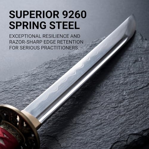 Red Handmade Samurai Katana Sword - Full Tang, Clay Tempered Spring Steel, Plum Blossom Design, for Practice & Collection