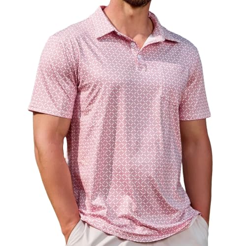 Lexiart Men's Golf Polo Shirt Short Sleeve Slim Fit Quick Dry Pink X-Large