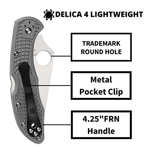 Spyderco Delica 4 Lightweight Folding Knife - Flat Ground Steel Blade, Grey Handle, 2.90 Inch Blade, Signature Pocket Knife - Variation of This Listing