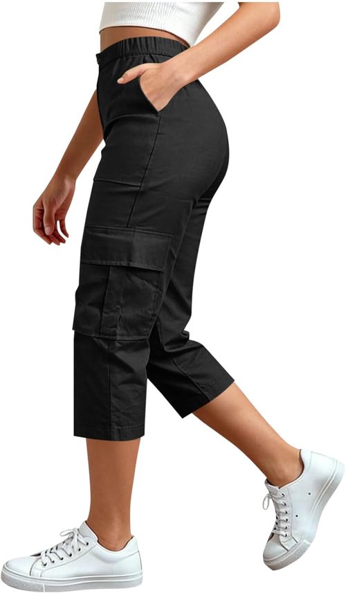 LRMQS Cargo Capris for Women - Summer Casual Loose Pants with Pockets | Plus Size High-Waisted Cropped Style