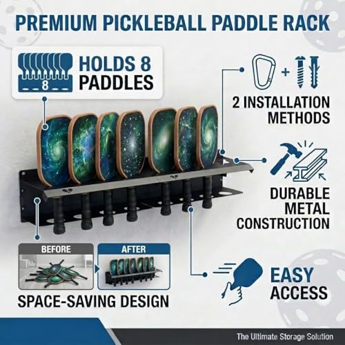 Pickleball Paddle Rack Wall Mount - Fits 4, 8 or 12 Paddles - Indoor Outdoor