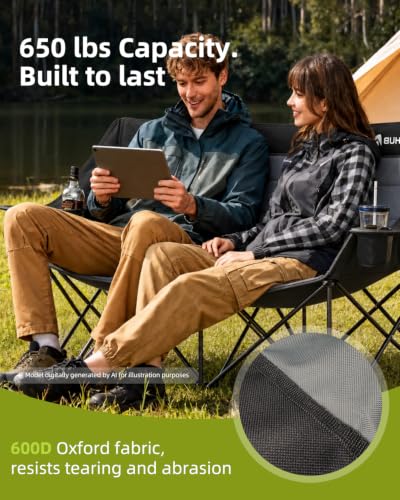 Abahub Double Loveseat Camping Chair Black-Grey Heavy-Duty Portable Folding Outdoor Seating