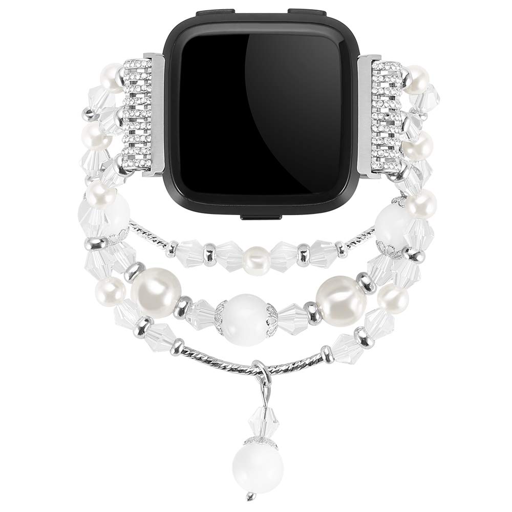 Simpeak Bracelet Elastic Band Compatible with Fitbit Versa/Versa 2/Versa Lite/Versa SE Smartwatch Only, Women Beaded Pearl Band Replacement for Fitbit Versa 2/Lite/SE, White