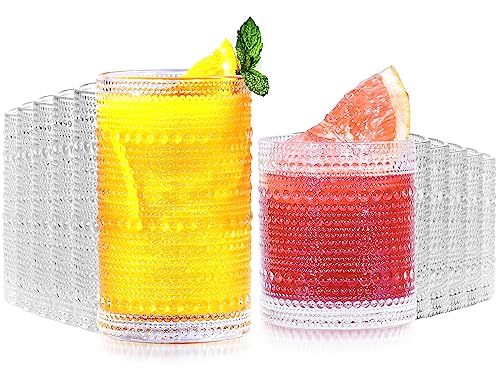 Lvtrupc Vintage Hobnail Drinking Glasses Set of 12 - 14oz & 11oz Glassware for Cocktail, Juice, Water, and More