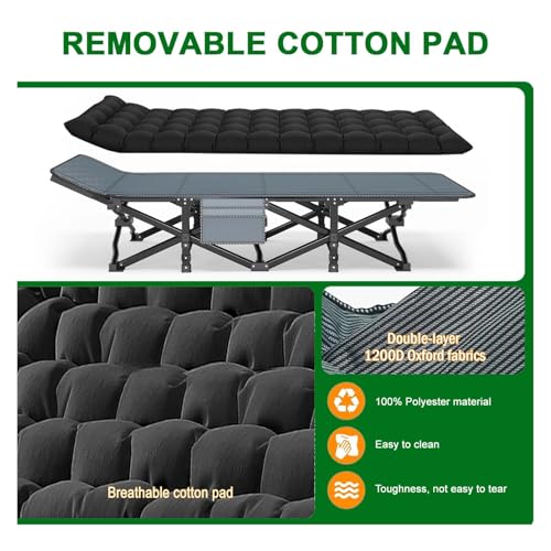 Portable Camping Cot with Removable Pad & Storage Pocket - Black - 28" Wide