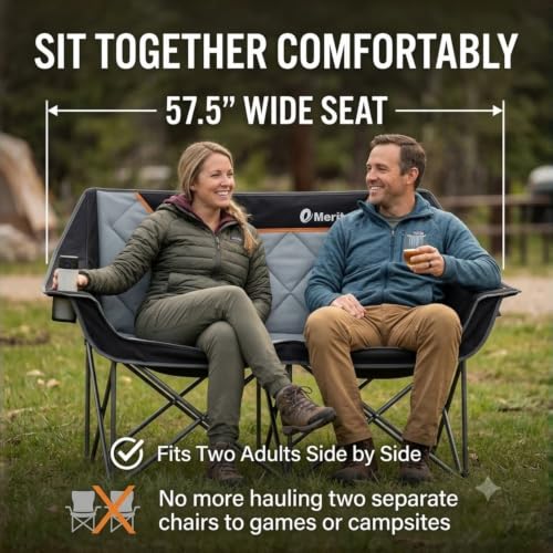 Emerit Black Oversized Fully Padded Camping Loveseat with Cup Holders, 650LB Capacity
