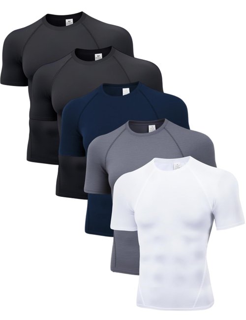 CYPER SUN 5 Pack Men's Compression Shirts Short Sleeve Cool-Dry Workout Rash Guard Athletic Base Layer Undershirts for Gym Medium