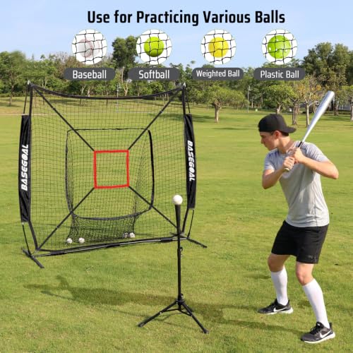 BaseGoal 7x7ft Baseball Practice Net with Batting Tee & Strike Zone - Black