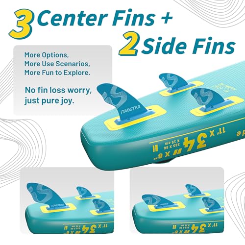 iTAOSTAR Bright Yellow & Teal Green Inflatable Stand Up Paddle Board with Full Accessories - 34-inch Wide, 400 lbs Capacity, Dual Fin, Camera Mount