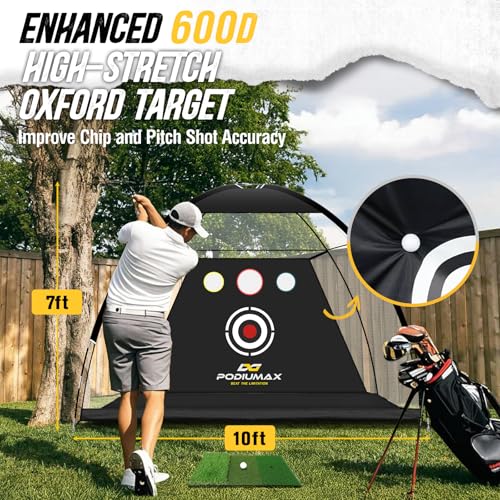 PodiuMax 10x7FT Golf Practice Net with Target and Real Balls for Backyard Swing Training