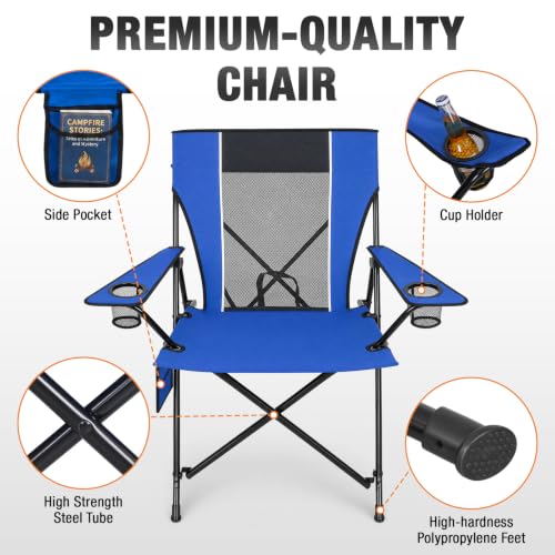 Romswi Large Blue Foldable Camping Chair with Mesh Back & 2 Cup Holders - Outdoor & Portable 2-Pack