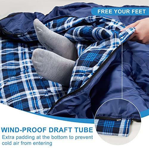 Agemore Double Sleeping Bag for 2 Persons - Blue Flannel Camping Bed
