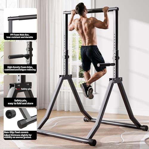 Foldable Pull Up Bar Station 58.3-76.8 Inch Power Tower with Dual Dip Handles