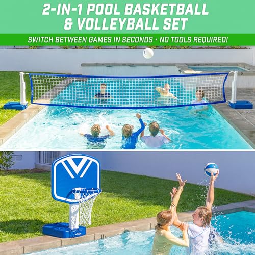 GoSports 2-in-1 Pool Basketball & Volleyball Set - Water Games for In-Ground Pools