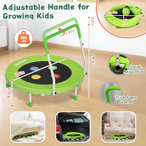 Green 36-Inch Foldable Toddler Trampoline with Adjustable Handle - Indoor Outdoor Mini Rebounder