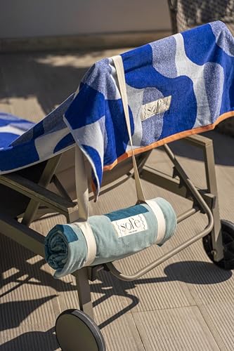SOFE H&L Playa Velour Large Beach Towels Set of 2 - Waves Blue, 35"x70" Luxury Turkish Pool Towels with Shoulder Strap