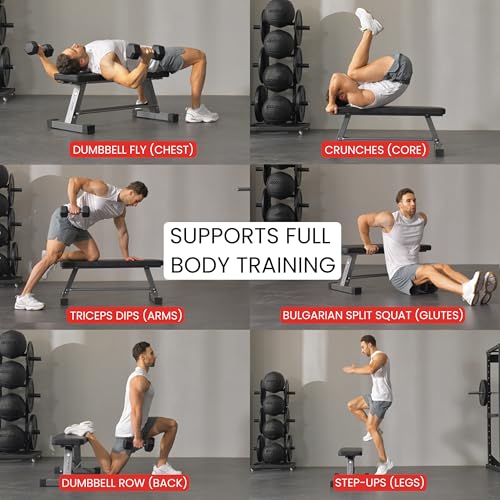 Flat Weight Bench for Home Gym - 1,000 lb Capacity, Dumbbell Storage, Easy Assembly