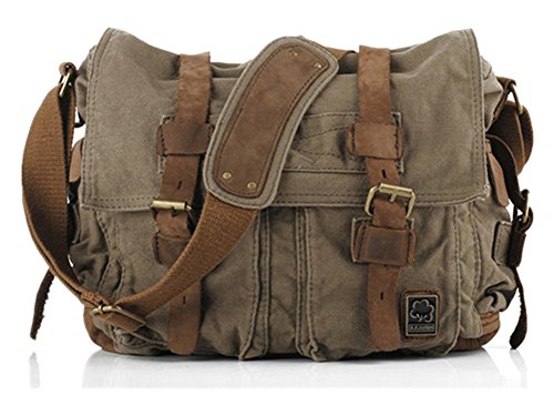 Vintage Military Leather Canvas Laptop Bag Medium - Army Green