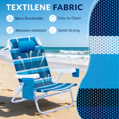 Blue Stripe Folding Beach Chair 2 Pack with Mesh Fabric & Cooler Bag