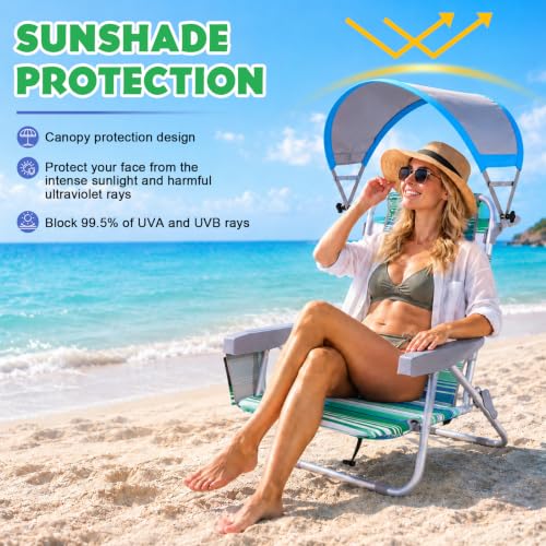 EggSun Ocean Striped Portable Beach Chair with Canopy - Reclining, Foldable & Adjustable for Adults