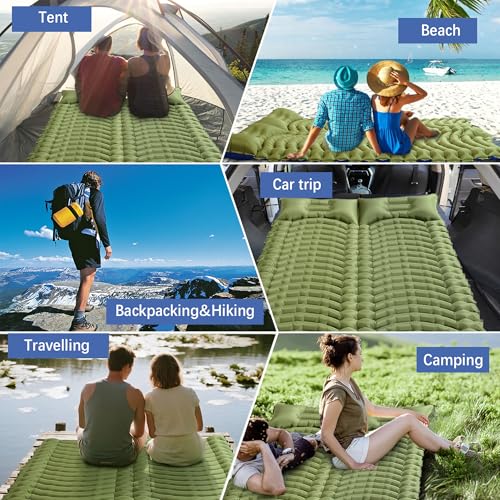 Olive Green Double Camping Sleeping Pad with Pillow & Built-in Foot Pump - 4 Inch Thick