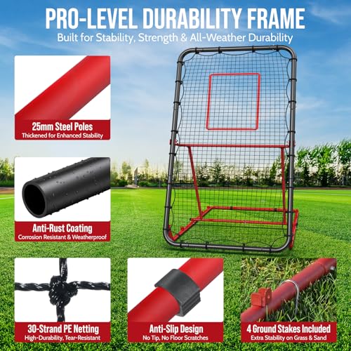 Volleyball Rebounder Net 4x7FT with Heavy-Duty Stability Base - Red & Black