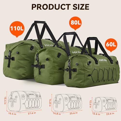 HEETA Waterproof Duffel Bag - Heavy Duty 110L Camping & Motorcycle Dry Bag, Pitch Green