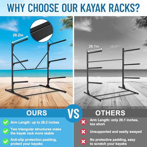 Heavy Duty Freestanding Kayak Rack for 3 Kayaks, Canoes & Paddle Boards - Adjustable Storage Stand - Outdoor & Garage Organization