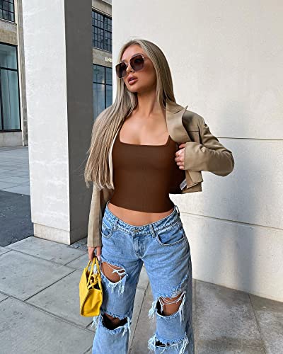 Women's Crop Tank Tops 3-Pack Square Neck Workout Tops - Large Black Brown Beige