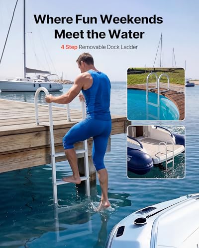 Removable Dock Ladder 4 Steps - Aluminum Alloy Boat & Pool Swim Ladder with Non-Slip Wide Steps, 500 lbs Capacity, Quick Release