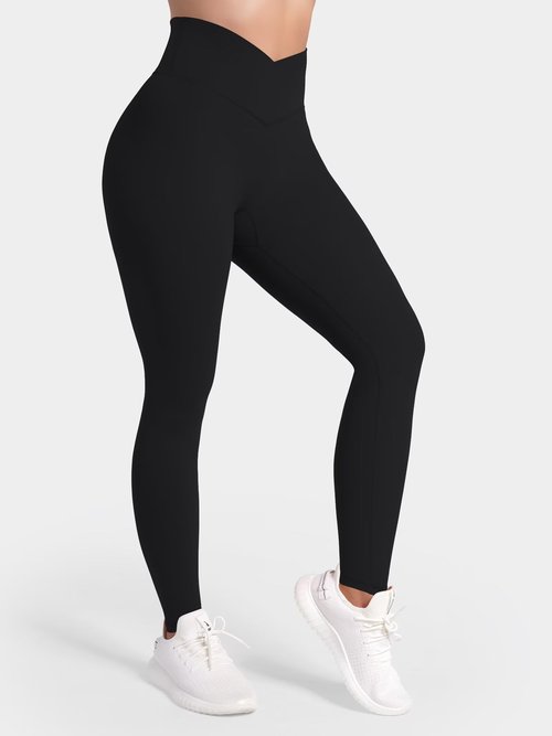Sunzel Sunlissia Hidden Butt Lifting Scrunch Workout Leggings for Women, Crossover High Waist Yoga Pants with Tummy Control 28" Black Medium