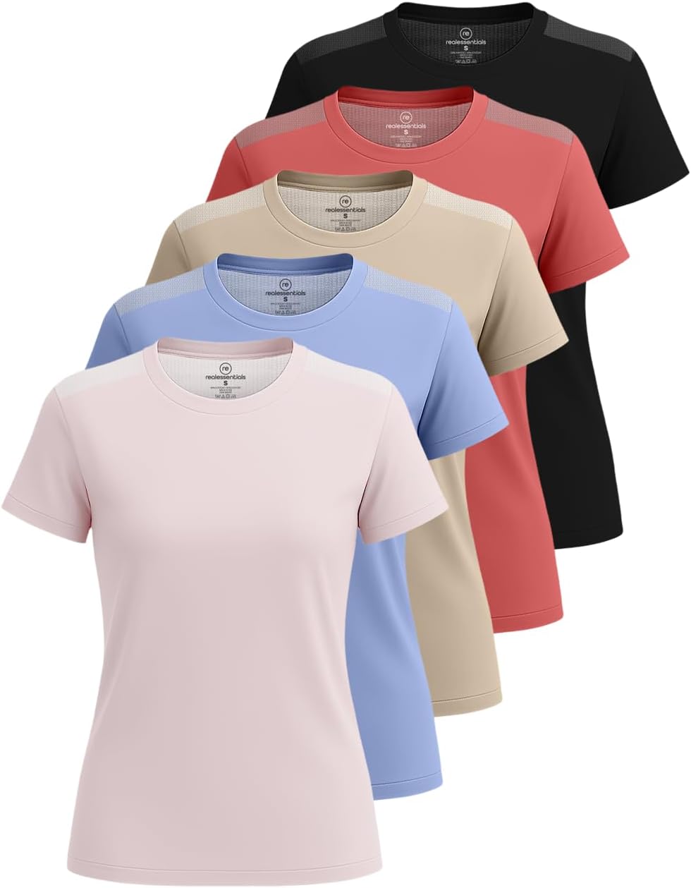 Real Essentials Women's Athletic T-Shirts - 5 Pack Short Sleeve Mesh Insert for Gym & Yoga (Plus)