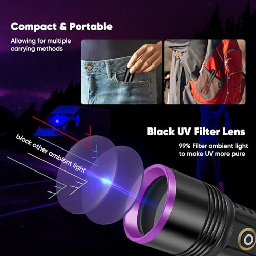 365nm UV Flashlight with Filter Lens & USB Rechargeable, 30W Black Light - Variation: 365nm1