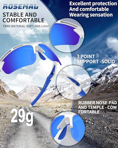 Rosemal Polarized Sunglasses for Men Women Sport Run Cycling Sun Glasses Whiteblue Frame Blue Lens