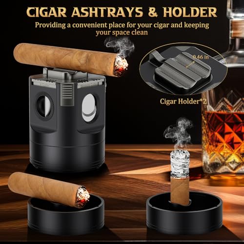 Black 8-in-1 Desktop Cigar Lighter Kit with Torch, Cutter, Punch & Ashtrays