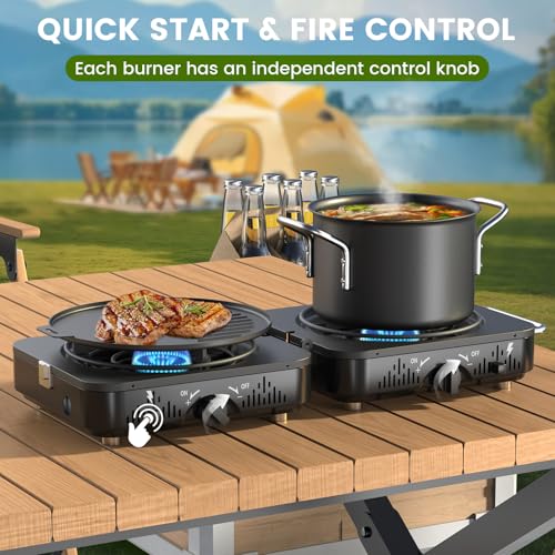2 Burner Propane Camping Stove with Foldable Design, 20,000 BTU, Piezo Ignition & Carry Bag - Perfect for Outdoor Cooking, RV & Emergency Use - Variation 1