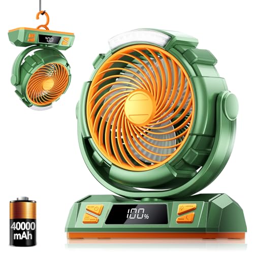 Camping LED Fan with Light 40000mAh Rechargeable Battery & Hook - Green M23