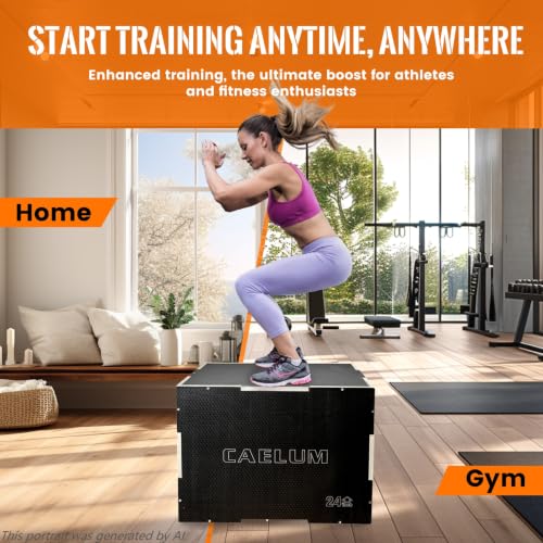 CAELUM 3-in-1 Black Wooden Plyometric Jump Box - 24 x 20 x 16 inches, Non-Slip Gym Equipment