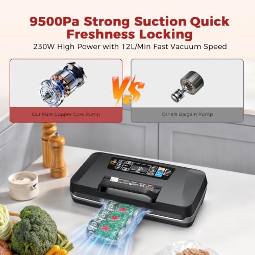 ROUUO Black 230W Vacuum Sealer Machine with 95KPa & Built-in Cutter