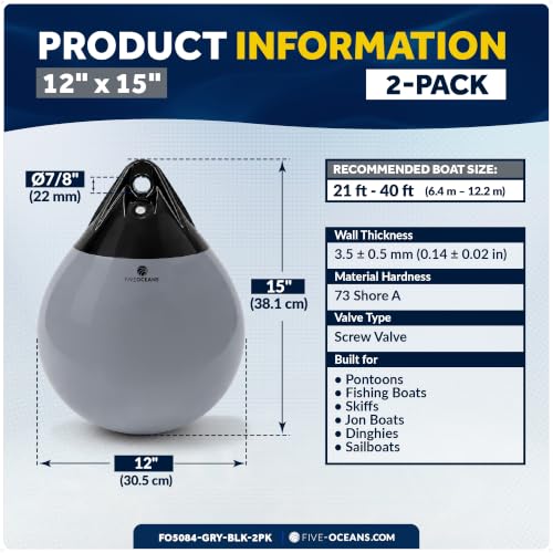 Five Oceans 12x15 Inch Boat Buoy 2-Pack Gray & Black Marine-Grade Vinyl with Ropes & Pump