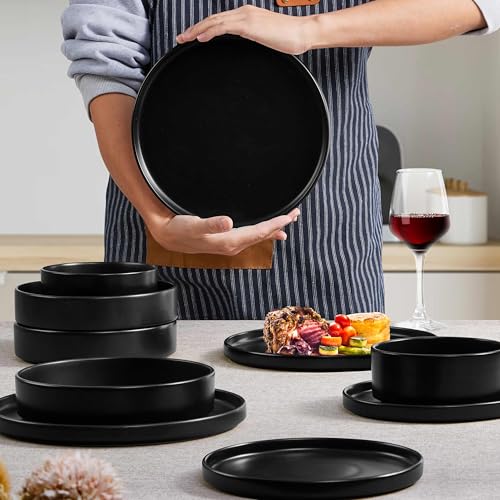Herogo Matte Black Dinnerware Set for 6 - 24 Piece Stoneware Plates, Bowls & Pasta Bowls