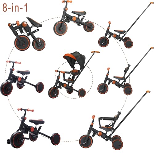 FVOJZQGD Black Foldable Toddler Tricycle with Canopy 8-in-1 Baby Balance Bike
