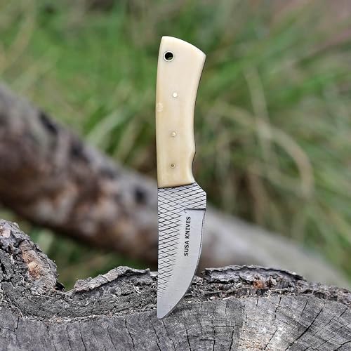 Handmade 7-Inch Fixed Blade Cow Boy Knife Damascus Steel with Camel Bone Handle & Leather Sheath - SUSA 116