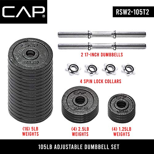 CAP Adjustable Cast Iron Dumbbell Weight Set 105 LB Pair with Knurled Handles