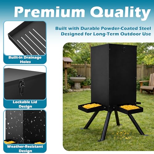 Heavy-Duty Galvanized Deer Feeder 60-70 lbs Weatherproof with 4 Feeding Trays - Black